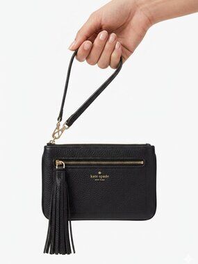 Kate Spade Black Pebbled Leather Tassel Pouch Wristlet